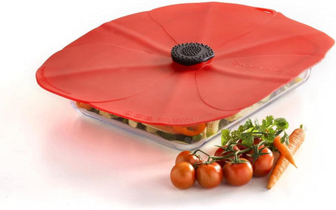 Charles Viancin - Poppy Oblong Lid Red - Silicone Lid for Food Storage and Cooking - 10''x14'' + 35x25cm - Airtight Seal on Any Smooth Rim Surface...