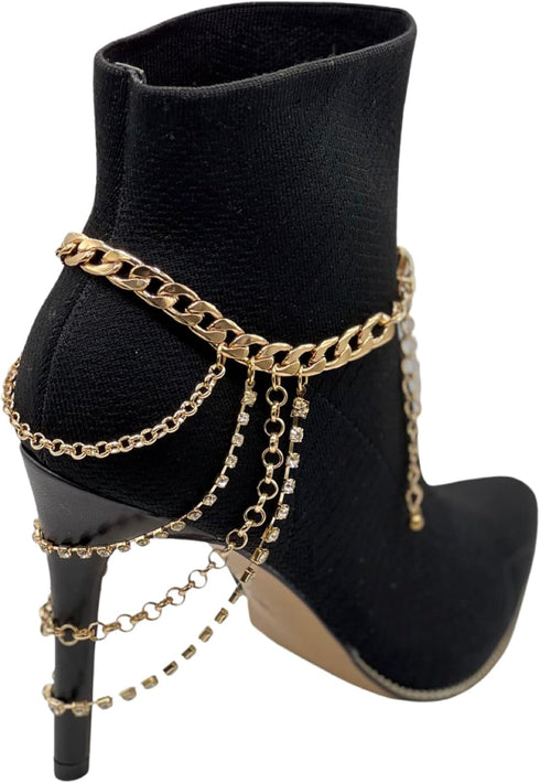 Women Western Fashion Anklet Boot Chain Bracelet Gold Metal Shoe Back Side Wave Multi Strand Charm...