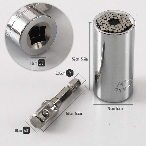 Universal Socket Wrench, Self-adjusting Socket Fits Standard 1/4''-3/4'' (7-19mm) with Ratchet Wrench Power Drill Adapter, 2Pcs 11.6'' Flexible Dr...