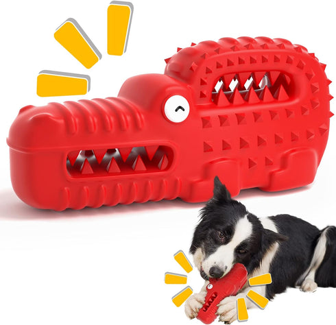 Dog Toys, Indestructible Squeaky Dog Chew Toys for Aggressive Chewers, Tough Alligator Rubber Super Chewer Dog Toys (Red-Crocodile)...
