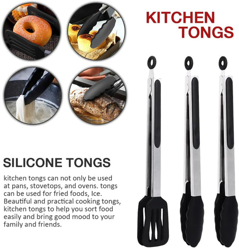 12 Inch Kitchen Tongs Set of 3, Silicone Tongs with Silicone Tips and Stainless Steel Handle, Tongs for Cooking, Baking, Grilling...