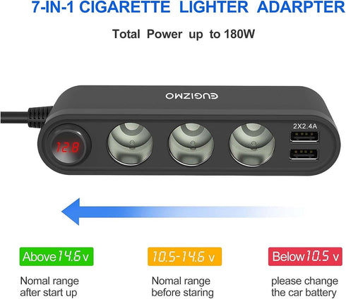 USB Cigarette Lighter Adapter, 200W Car Cigarette Lighter Plug Splitter Adapter USB Charger Extension Cord 3 Socket Way 12V/24V Plug Car Charger A...