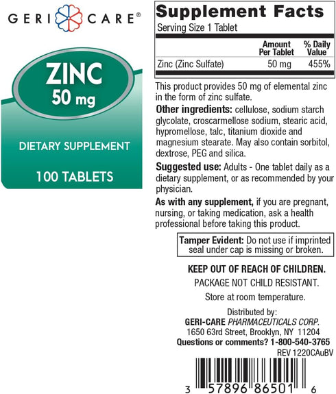 GeriCare Gericare Zinc Sulfate 50mg Dietary Supplement, 100 Count...