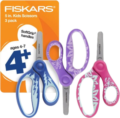 Fiskars 5" SoftGrip Blunt-Tip Scissors for Kids Ages 4-7 (3-Pack) - Scissors for School or Crafting - Back to School Supplies - Blue, Purple, Pink...