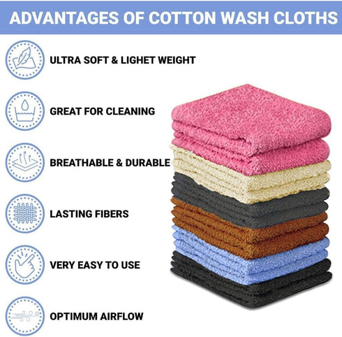 QUBA LINEN 100% Cotton - Wash Cloth Set - Pack of 24, Flannel Face Cloths, Highly Absorbent and Soft Feel Fingertip Towels (Multi Color, 12x12 Pac...