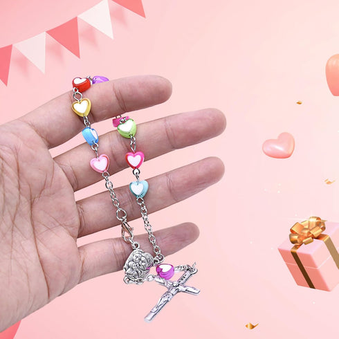 2 Pieces Car Rosary Chroma Love Heart Rearview Mirror Auto Rosary Religious Car Mirror Hanging Accessories Lourdes Med al and Cross for Car Person...