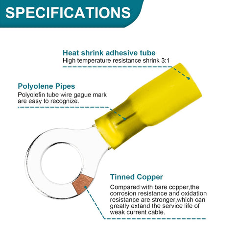 50 PCS Heat Shrink Wire Connectors, 12-10 AWG Ring Terminals Waterproof, 12-10 AWG 3/8" Stud(M10) Wire Terminals Marine Automotive...