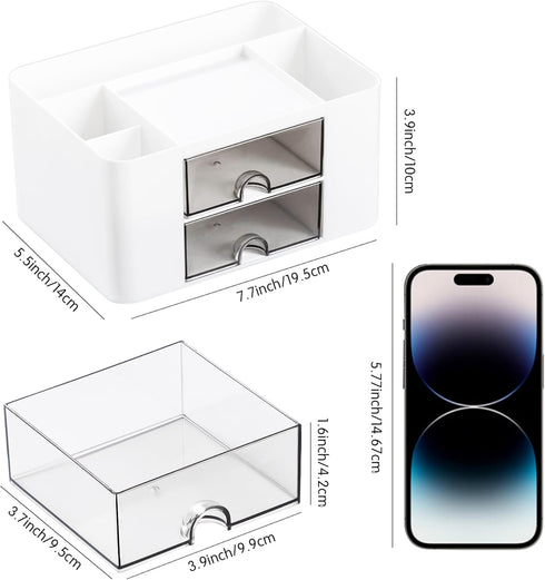 Desk Organizer with 2 Drawers, Pencil Pen Holder for Desk, Cute Desk Accessories with Plastic, Office Supplies for Countop, White...