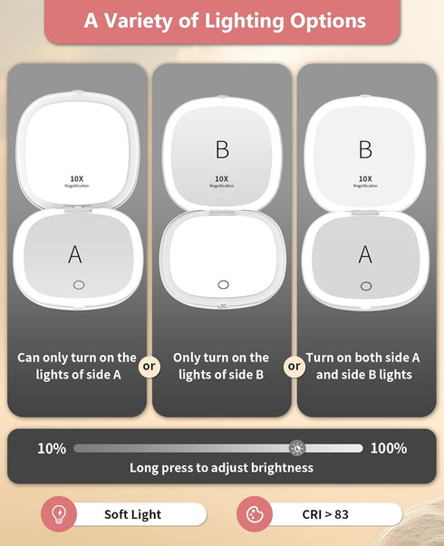 wobsion Travel Mirror with Light, Rechargeable 1x/10x Compact Magnifying Mirror, Dimmable Pocket Mirror,Handheld 2-Side Mirror with Light,4inch Tr...