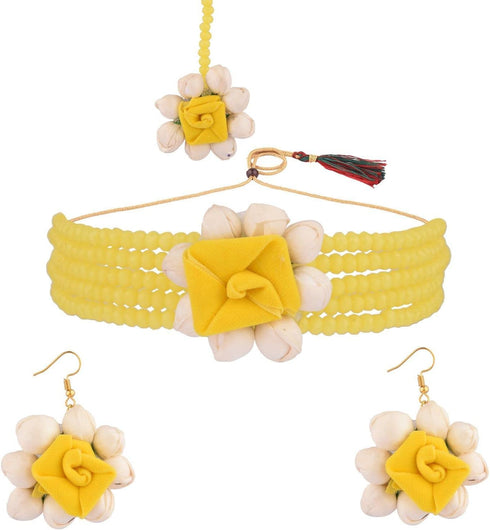 Efulgenz Handmade Floral Beaded Yellow Faux Pearl Flower Jewelry Set Choker Neckalce with Maang Tikka Earrings Indian Jewelry for Women for Haldi ...