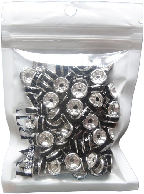 RUBYCA 100pcs 8mm Round Rondelle Spacer Beads Silver Tone Jet Black Czech Crystal for Bracelet Necklace Jewelry Making...