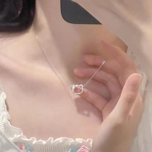 Diamond Cat Necklace Sterling Silver Cute Pearl Cubic Zirconia Kitten Pendant Necklace Funny Cartoon Animal Cat Necklace Chain Jewelry Gifts for W...