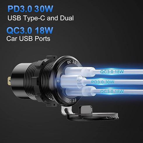 2 Pack 12V USB Outlet Wire Aluminum Car Charger Multi Port, Dual USB Quick Charge 3.0 Port and PD USB C Socket with Voltmeter Switch for Car Boat ...