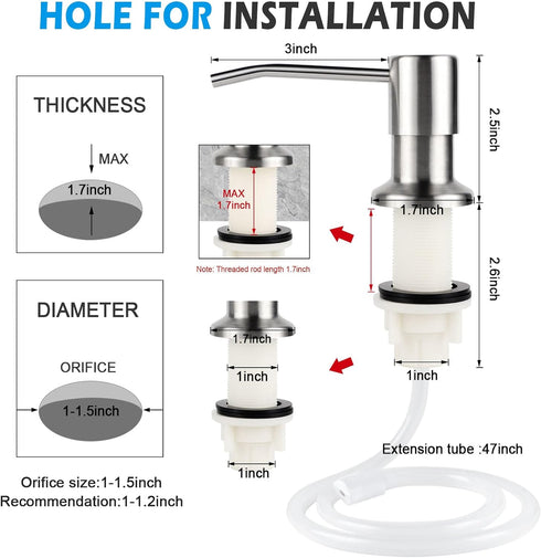 Dish Soap Dispenser for Kitchen Sink, Countertop Sink Soap Dispenser Water Pump with 47” No-Spill Extension Tube Kit Design for Kitchen Bathroom (...