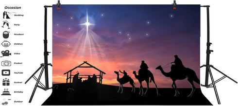 AOFOTO 7x5ft Stable Nativity Scene Background Shiny Star Birth of Christ Jesus Camels Sheeps Sketch Manger Scene Background for Church Concert Dec...