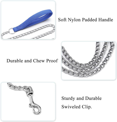 Chain Leash Metal Dog Leash Chrome Plated with Soft Padded Handle for Medium Dogs.(M, Blue Handle)...