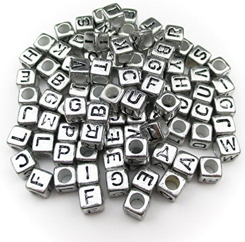1000pcs Mixed Acrylic Letter/Alphabet “A-Z”Cube Beads for DIY Craft (Silver with Black Letter)...