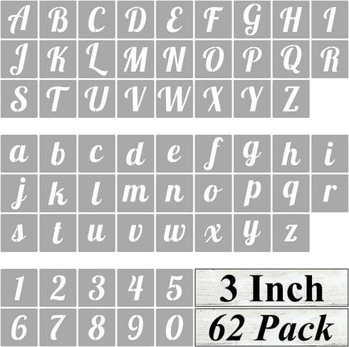 3 Inch Alphabet Letter Stencils for Painting - 62 Pack Letter and Number Stencil Templates for Painting on Wood, Reusable Cursive Numbers and Lett...