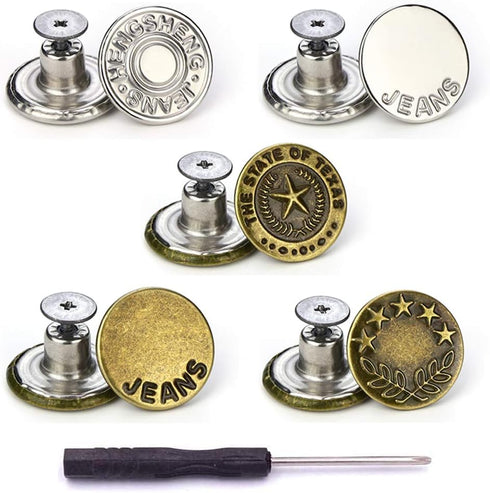5 Styles Replacement Jeans Buttons, 15 Sets 17mm No-Sew Nailess Removable Metal Jeans Button Replacement Repair Combo Thread Rivets and Screwdrive...