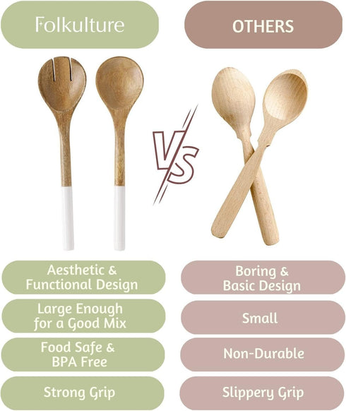 Folkulture Salad Servers or Salad Tongs, Wooden Utensils for Serving Salad, 12-inch Spoon and Fork Set, Mango Wood, White...