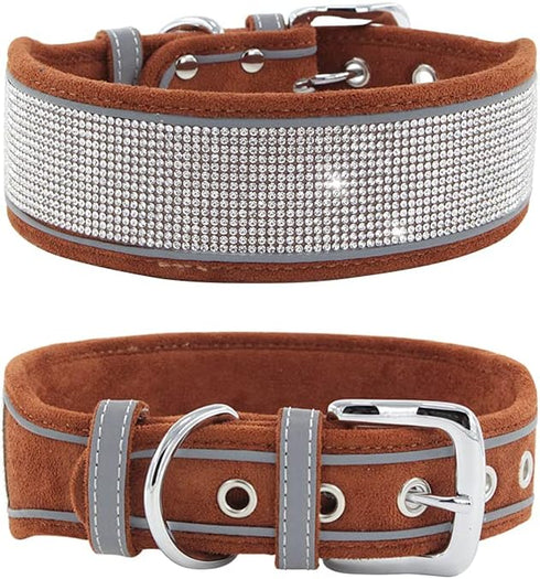 Rhinestone Dog Collar, Dazzling Sparkling Soft Suede Reflective Large Dog Collar Crystal Diamond Collar for Medium & Large Dogs (L:19-23", Brown)...