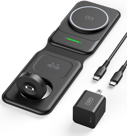 INIU 3 in 1 Charging Station for Apple Multiple Devices, 15W Magnetic Foldable Travel Charger, Wireless Charger Compatible MagSafe, iPhone 15/14/1...