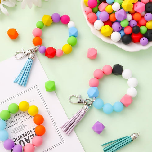 131 PCS Silicone Beads for Keychain Making Kit,12mm 15mm Round 14mm Polygonal Rubber Beads Multicolor Bulk Silicone Loose Beads for DIY Necklace B...
