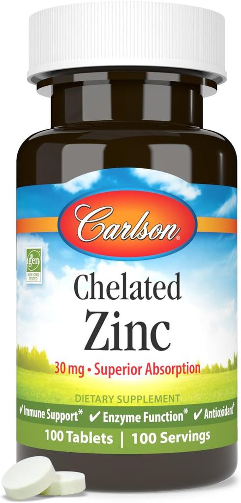 Carlson - Chelated Zinc, 30 mg - Superior Absorption, Immune Support & Enzyme Function, Antioxidant, 100 tablets...