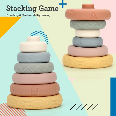 Mini Tudou 6 PCS Baby Stacking & Nesting Toys, Soft Stacking Blocks Ring Stacker, Baby Sensory Teether Toys with Letter, Animal and Shape, Early L...
