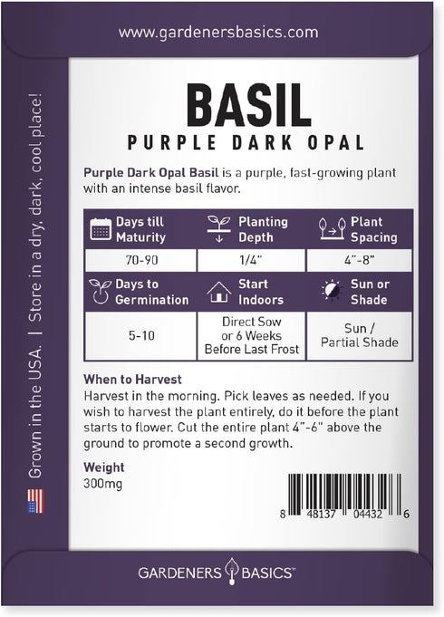 Gardeners Basics, Basil Seeds for Planting Herbs Purple - (Purple Dark Opal) Heirloom Non-GMO Herb Plant Seeds for Home Herb Garden Indoors, Outdo...