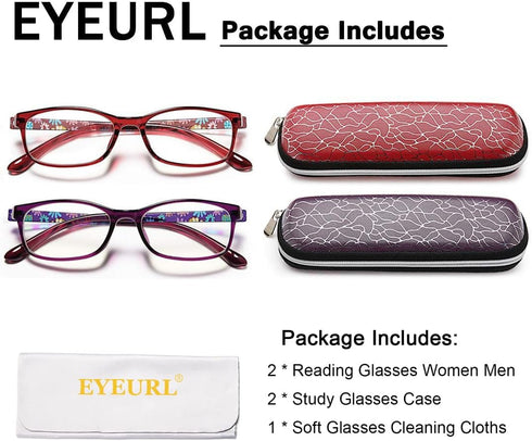 EYEURL Lightweight Flexible Reading Glasses Women - Magnification +1.75 Computer Eyeglasses Blue Light Blocking and Hard Case...