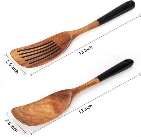 2 Pcs Best Wooden Spatula Set for Cooking Kitchen Slotted Turner Spatula Flat Wood Wok Spatula Non Stick Cooking Utensils for Frying Mixing Teak F...