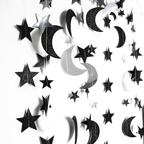 Cheerland Black Silver Moon Decoration Star and Gothic Summerween Decor Garland for Grunge Birthday Halloween New Year Eve Party Twilight Star Ban...