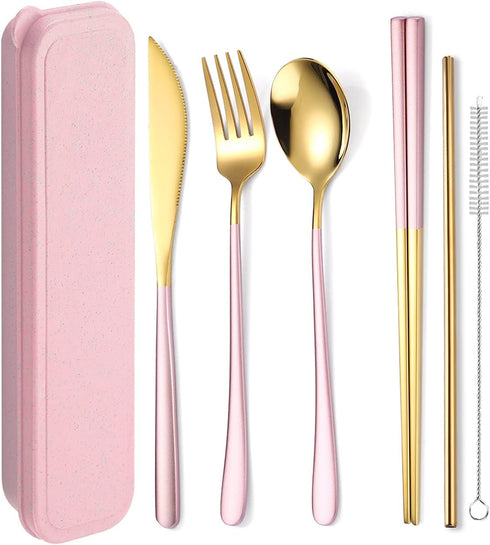 AARAINBOW 6 Pieces 18/8 Stainless Steel Flatware Set Portable Reusable Cutlery Set Travel Utensils Set Including Chopsticks Knife Fork Spoon Straw...