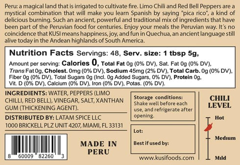 Kusi Foods Peruvian Hot Sauce 8.5 oz, Limo Chili & Red Bell Peppers, Fermented 50 days, Natural ingredients, Perfect Sauce For Seafood, Steak, Chi...