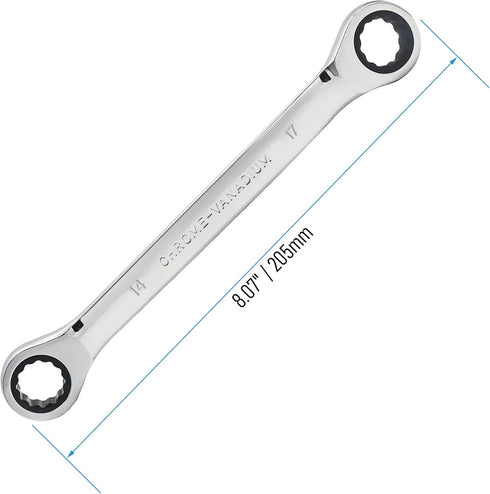 Double Box End Ratcheting Wrench 14mm x 17mm Metric 72 Teeth 12 Point Ratchet Gear Spanner Tools, Heat-Treated CR-V...