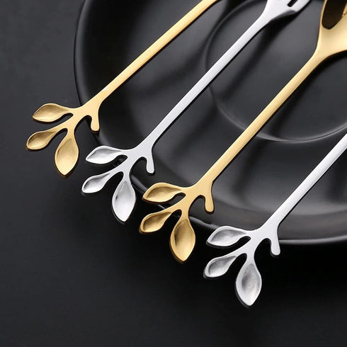 Stainless Steel Gold Leaf Coffee Spoons Creative Tableware Dessert Spoons Gold Serving Spoons Small Spoons for Condiments Mixing Sugar Stir Ice Cr...
