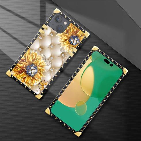 Case Compatible with iPhone 15 Plus,Diamond Sunflower iPhone 15 Plus Cases for Womens,Luxury Decoration Square Soft TPU Shockproof Protective Hard...