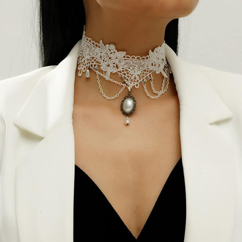 Vintage Lace Choker Necklace White Gothic Lace Pattern Necklace Punk Tassel Pearl Beaded Pendant Choker Princess Bridal Lace Lolita Tassel Lace Ne...