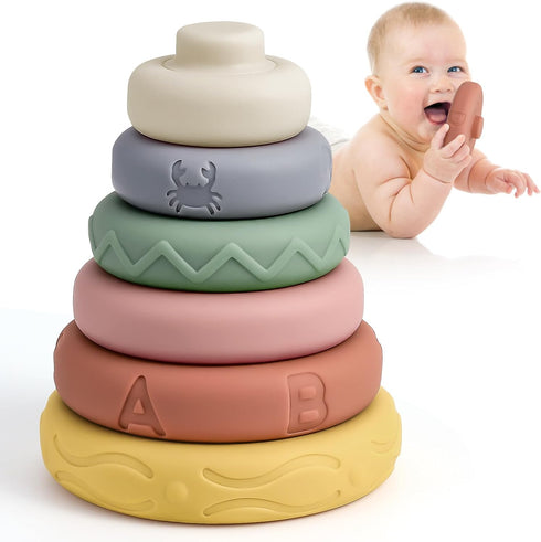 Mini Tudou 6 Pcs Stacking & Nesting Circle Toy,Soft Building Rings Stacker & Teethers,Squeeze Play with Early Educational Learning Stacking Tower,...