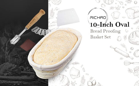 2 Pack 10 Inch Oval Bread Proofing Basket for Sourdough Bread - Bread Basket Baking Bowl With Bread Lame & 5 Blades,Dough Scraper and Linen Liner ...