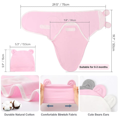 DRESHOW BQUBO 3 Pack Preemie Swaddle Blanket Wrap with Bear Ears Hat Set for Baby Boys Girls Preemie Swaddle Preemie Cap for 3-7 Lbs Preemie & 0-3...