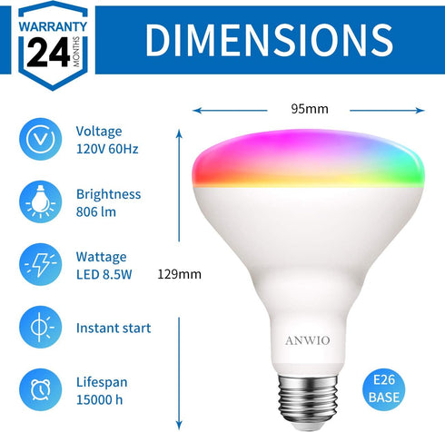 ANWIO Smart Light Bulb BR30 RGB Color Changing LED WiFi Dimmable Multicolor Light Bulbs E26 Base, Compatible with Alexa, Google Assistant, No Hub ...