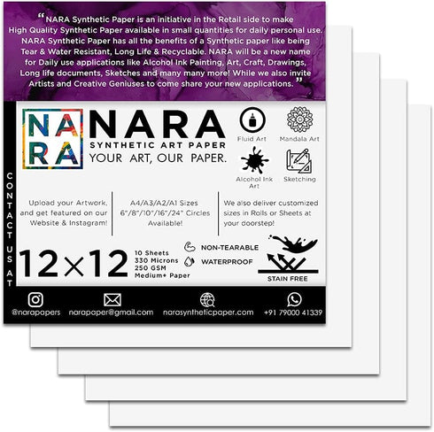 NARA Alcohol Ink Paper | White | 12 inches x 12 inches (12”x12”) | 330 microns/250 GSM | Medium+ Paper | 10 Sheets | Paper for Alcohol Ink Art Pai...