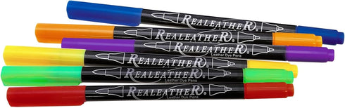 Realeather F2400-02 Leather Dye Pens, Double Sided with Fine and Brush Tips, Basic Colors, 6-Pack...