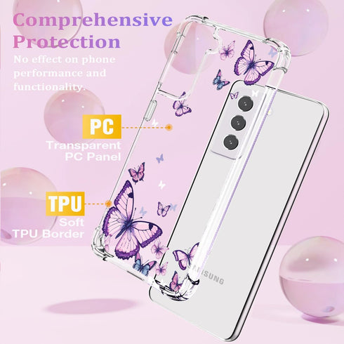 for Samsung Galaxy S21 FE Case,Alluring Purple Butterfly Pattern Anti Yellowing Slim Hard Cases,Hard PC + TPU Bumper Clear Shockproof Protective W...