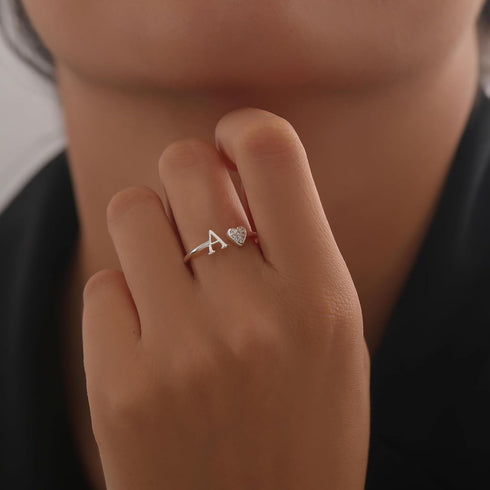 WFYOU Heart Initial Ring for Women Silver Rose Gold Plated Heart Capital Letter Initial Rings Stackable Rings for Women Adjustable Heart Alphabet ...