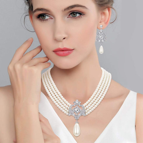 EVER FAITH 1920s Gatsby Jewelry Set for Party, Crystal Simulated Pearl Vintage Inspired Chandelier Necklace Earrings Sets for Woman...