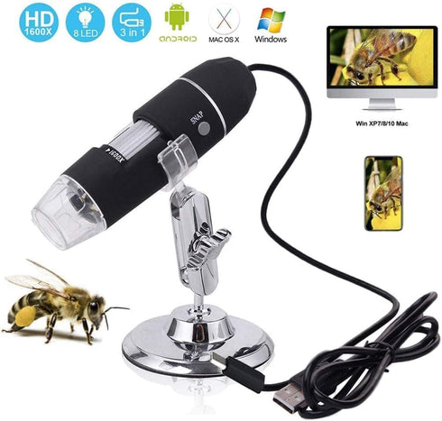 USB Digital Microscope 1600x 8 LED Magnification Endoscope Camera with Metal Stand Compatible with Windows, Android and Mac...