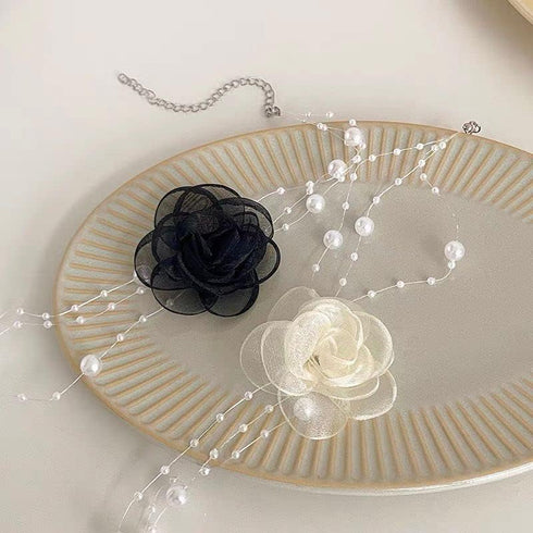Camellia Rose Flower Choker Necklace Vintage Artificial Pearl Necklace for Women, Elegance Neck Accessories Wedding Party Necklaces Summer Necklac...